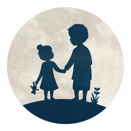 Silhouet broer met zusje hand in hand - met maan